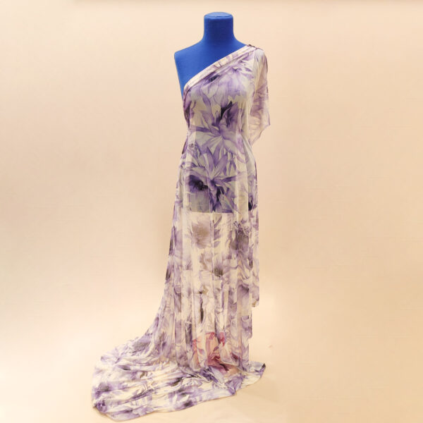 Tessuto Tulle elasticizzato a fantasia motivo floreale bianco - lilla