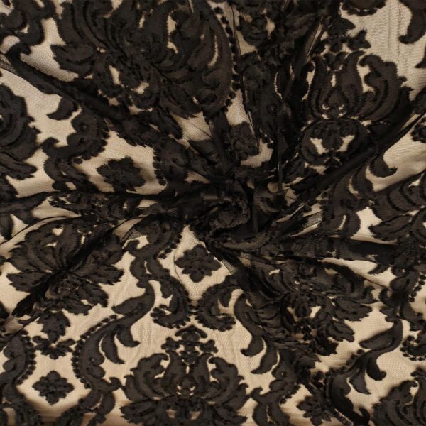 Tessuto Tulle Elasticizzato devorè motivo floreale cashmere nero