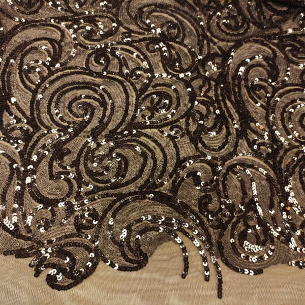 Tessuto Tulle - pizzo mano seta ricamato con paillettes motivo astratto nero