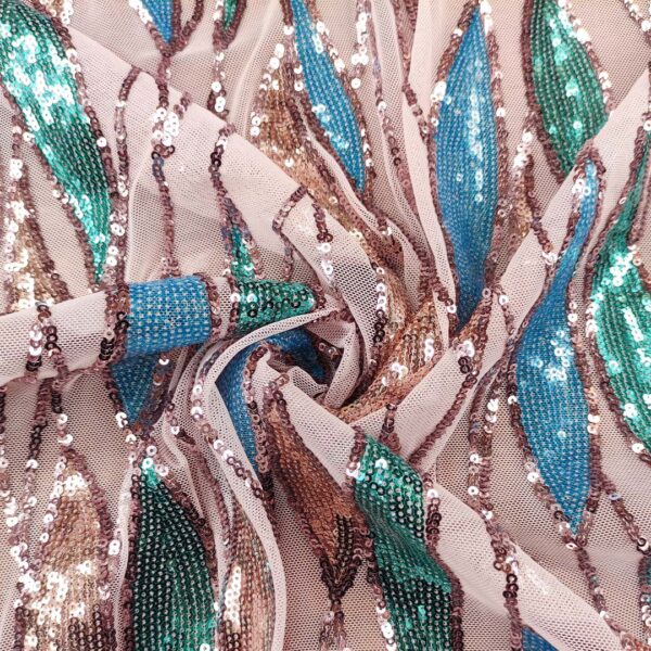 Tessuto Tulle elasticizzato ricamato con paillettes motivo astratto rosa - turchese - smeraldo