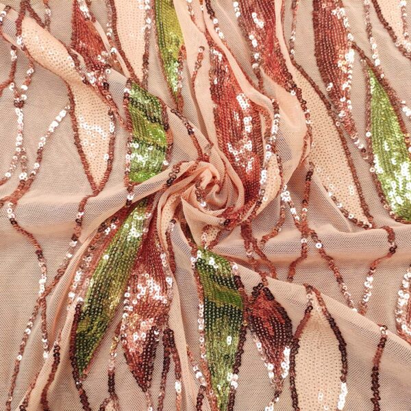 Tessuto Tulle elasticizzato ricamato con paillettes motivo astratto rosa - verde - pesco