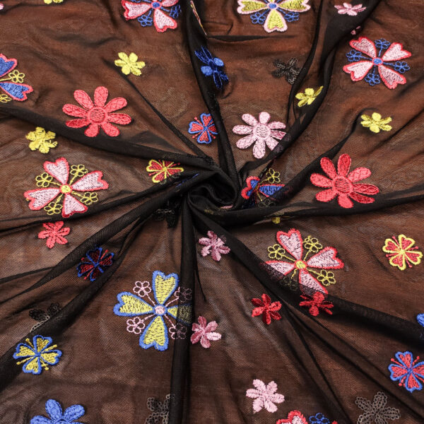 Tessuto Tulle elasticizzato ricamato motivo floreale nero - blu elettrico - giallo