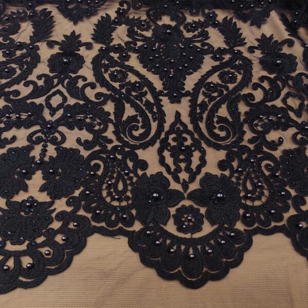 Tessuto Tulle - pizzo mano seta ricamato con perle motivo floreale barocco blu notte