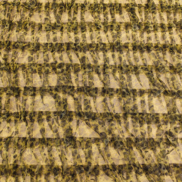 Tessuto Tulle mano seta con balze 3D in tulle motivo animalier verde - nero