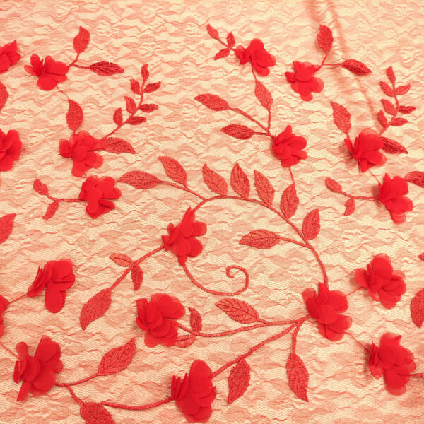 Tessuto pizzo chantilly ricamato con fiori in 3d rosso