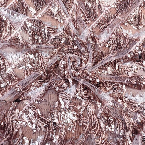 Tessuto Tulle elasticizzato ricamato con paillettes a frange rosa gold