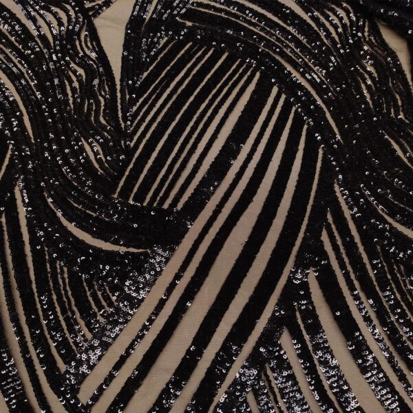 Tessuto Tulle - pizzo mano seta ricamato con paillettes motivo geometrico nero