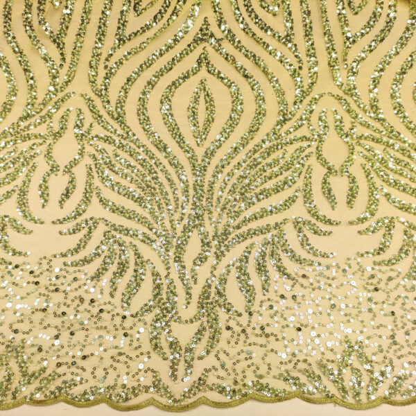 Tessuto Tulle mano seta ricamato con perline e paillettes motivo astratto verde acido