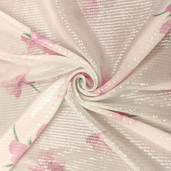 Tessuto Tulle ricamato con paillettes motivo floreale bianco - rosa shocking - verde