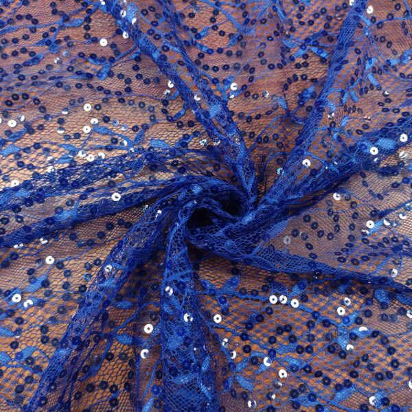 Tessuto Tulle ricamato con paillettes motivo astratto blu elettrico