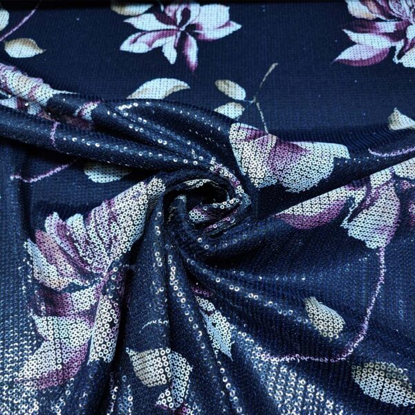 Tessuto Tulle Elasticizzato Ricamato con paillettes motivo floreale blu -vinaccio - beige