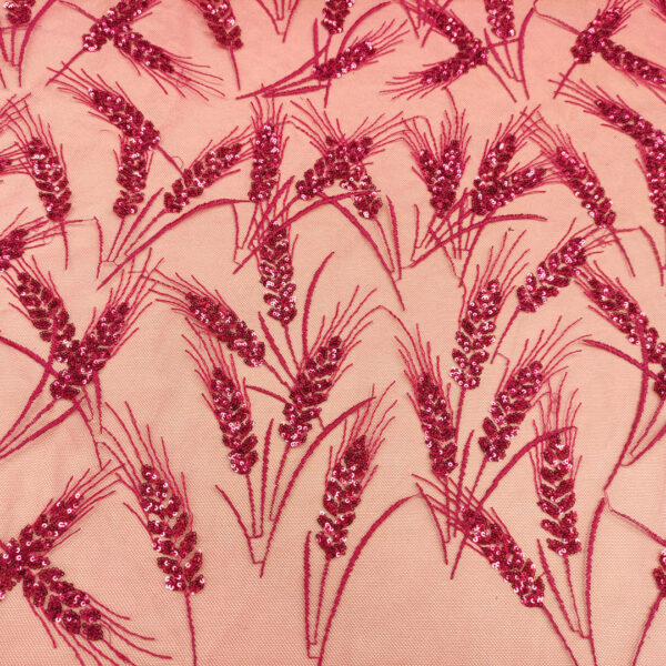 Tessuto Tulle mano seta ricamato con micro paillettes motivo floreale fucsia