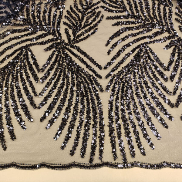 Tessuto Tulle mano seta ricamato con micro paillettes motivo floreale nero