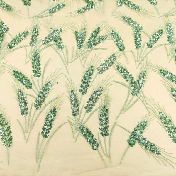 Tessuto Tulle mano seta ricamato con micro paillettes motivo floreale verde