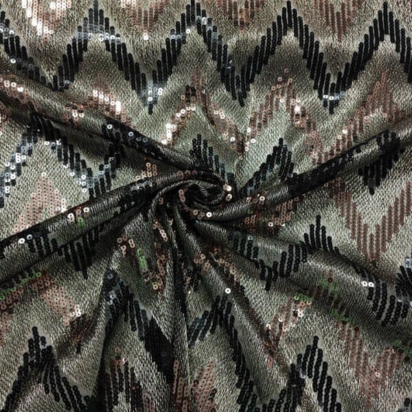Tessuto Tulle Elasticizzato Ricamato con paillettes motivo geometrico nero - tortora - bronzo