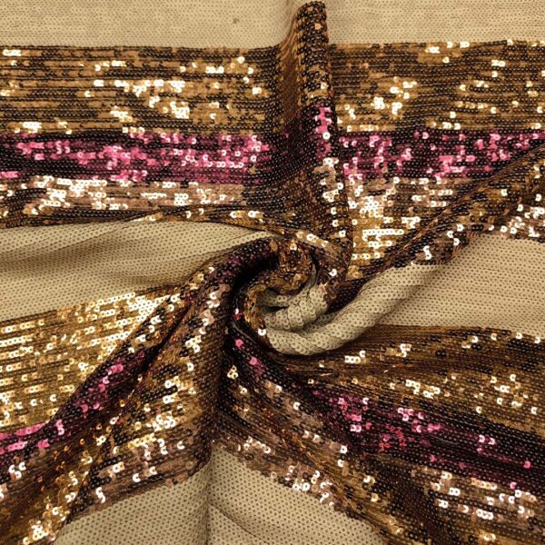 Tessuto Tulle ricamato con paillettes motivo rigato fucsia - oro - beige