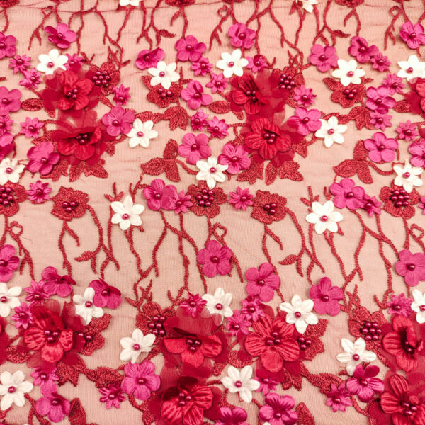 Tessuto Tulle mano seta ricamato con fiori in 3D e con perle fucsia - rosso - bianco