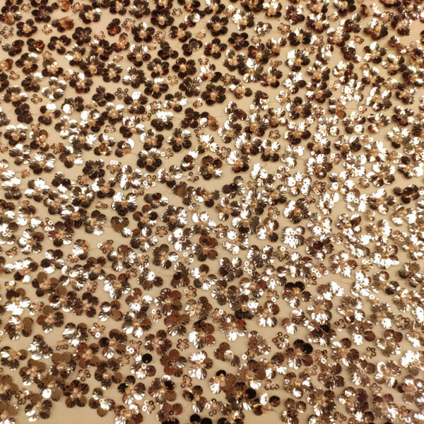 Tessuto Tulle mano seta ricamato paillettes motivo floreale bronzo