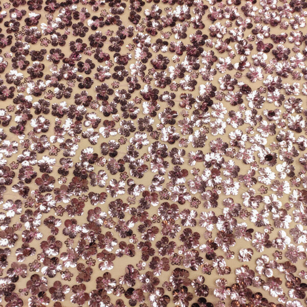 Tessuto Tulle mano seta ricamato paillettes motivo floreale rosa antico