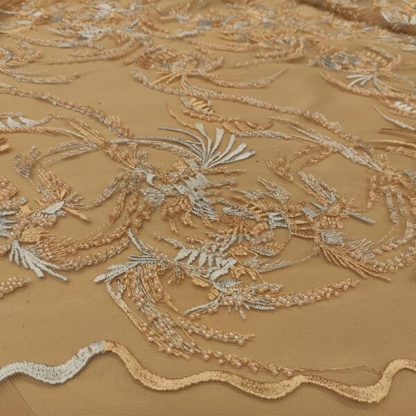 Tessuto Tulle - pizzo mano seta ricamato con perle motivo astratto beige - grigio