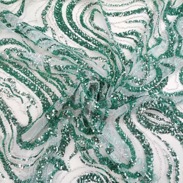 Tessuto Tulle - pizzo mano seta ricamato con pietre e con paillettes motivo astratto acquamarina