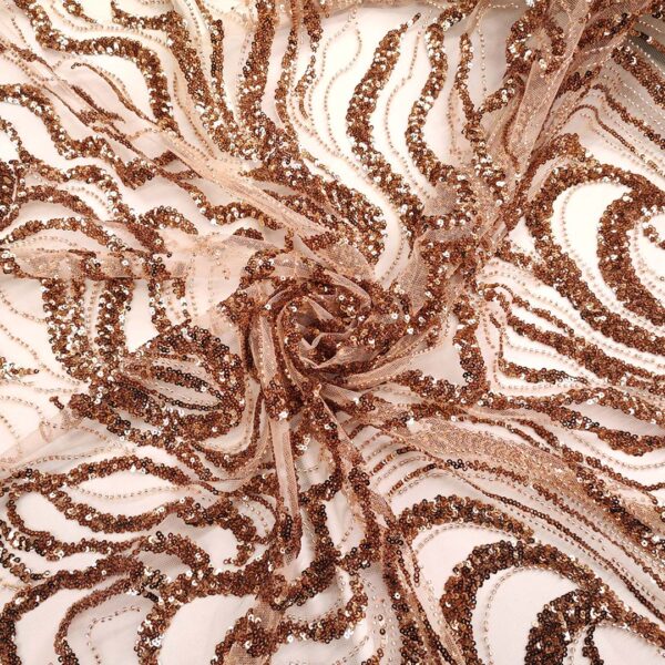 Tessuto Tulle - pizzo mano seta ricamato con pietre e con paillettes motivo astratto oro scuro