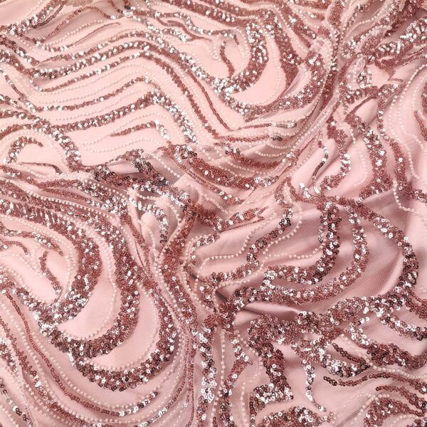 Tessuto Tulle - pizzo mano seta ricamato con pietre e con paillettes motivo astratto rosa