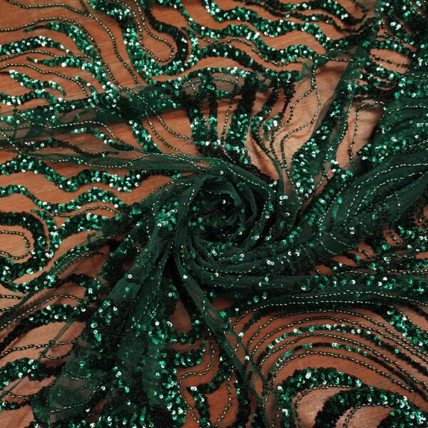 Tessuto Tulle - pizzo mano seta ricamato con pietre e con paillettes motivo astratto verde bottiglia