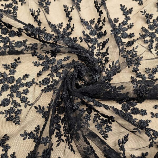 Tessuto Tulle ricamato doppio smerlo motivo floreale nero