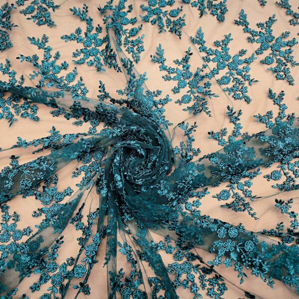 Tessuto Tulle ricamato doppio smerlo motivo floreale petrolio