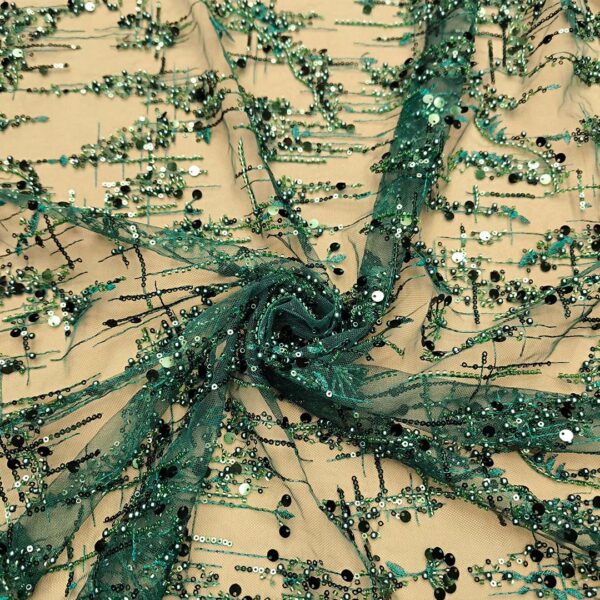 Tessuto Tulle ricamato con pietre e con paillettes motivo astratto verde bottiglia