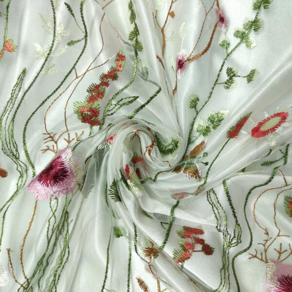Tessuto Tulle ricamato motivo floreale rosa - verde - bianco