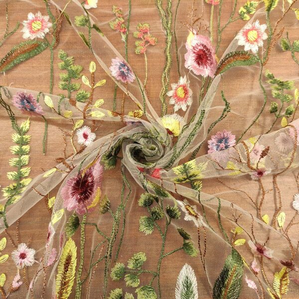 Tessuto Tulle ricamato motivo floreale bianco - verde - rosa - glicine