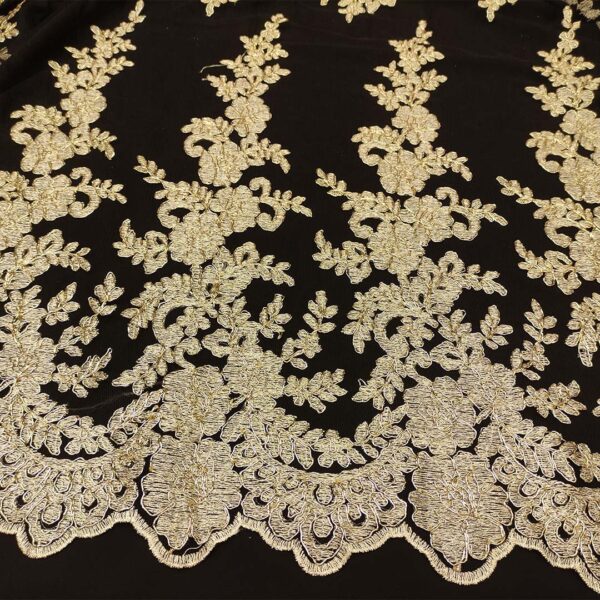Tessuto Tulle ricamato doppio smerlo motivo floreale nero - oro