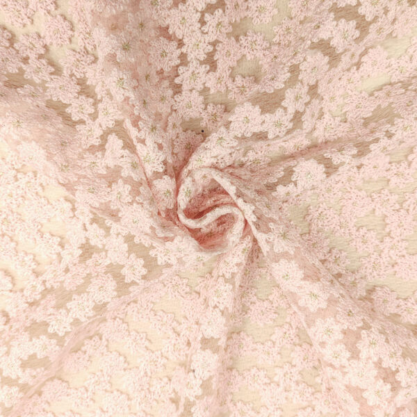 Tessuto Tulle mano seta ricamato motivo floreale rosa