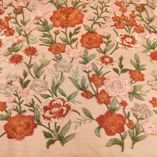 Tessuto Tulle mano seta ricamato motivo floreale rosa - verde - arancione