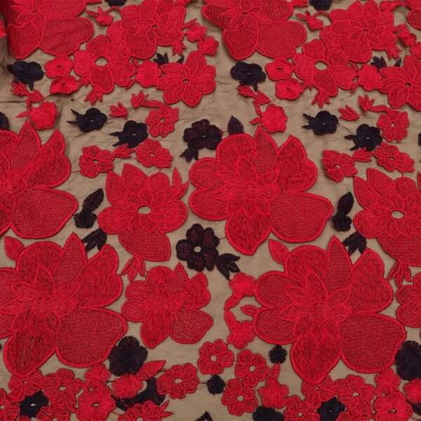 Tessuto Tulle - pizzo mano seta ricamato motivo floreale nero - rosso - blu