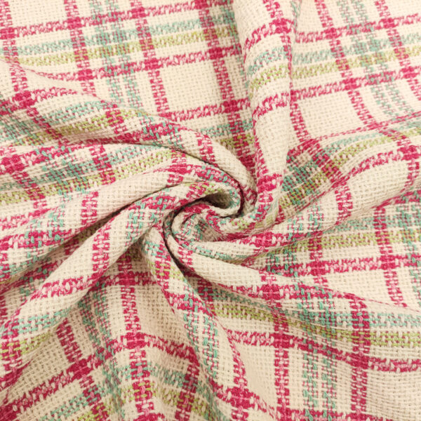 Tessuto Tweed Bouclé in cotone motivo quadri panna - mela - fucsia