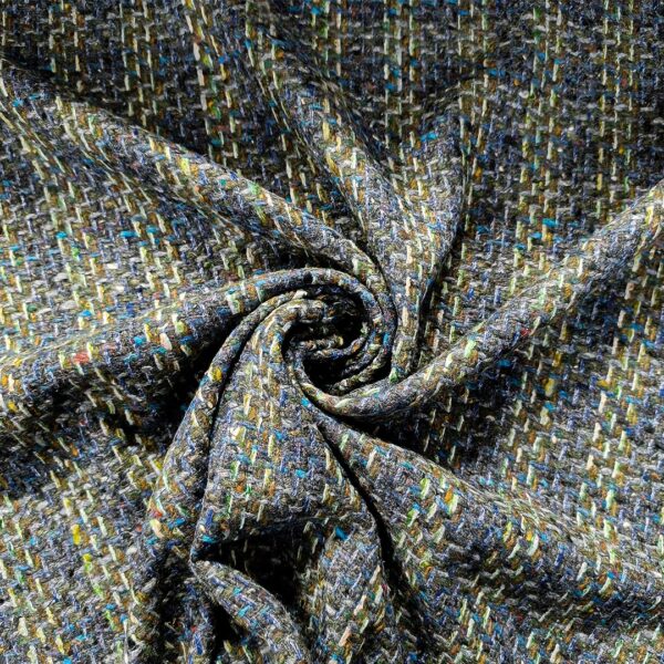 Tessuto Tweed Bouclé in lana motivo quadri verde - blu - giallo