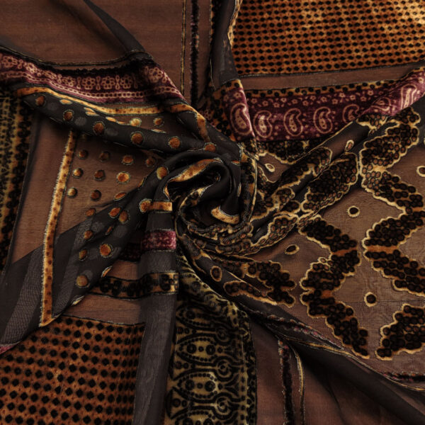 Tessuto Velluto devorè a fantasia motivo astratto ruggine - nero - oro