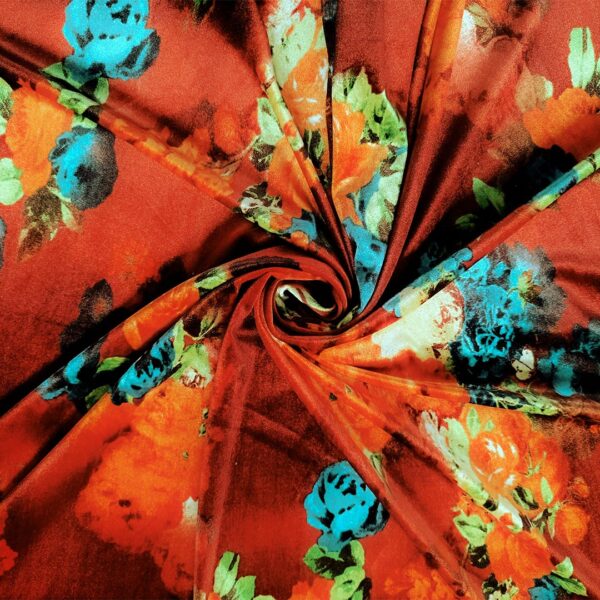 Tessuto Velluto elasticizzato a fantasia motivo floreale bordeaux - turchese - arancione