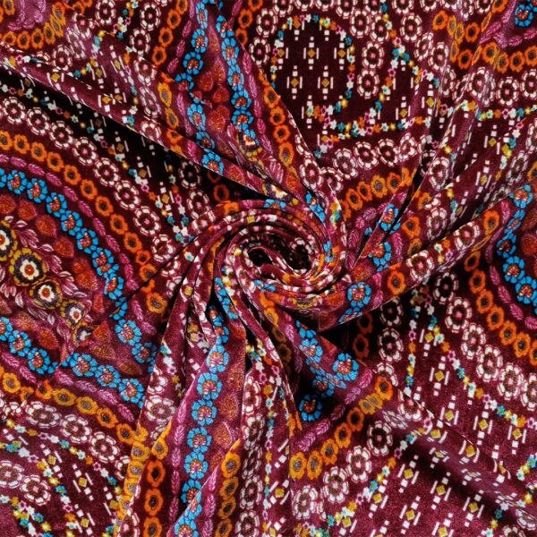 Tessuto Velluto elasticizzato a fantasia motivo floreale cashmere bordeaux - turchese - coccio