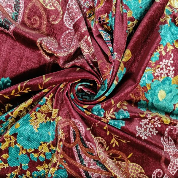Tessuto Velluto elasticizzato a fantasia motivo floreale cashmere bordeaux - verde tiffany - ocra