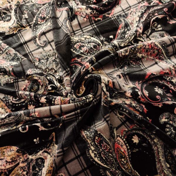 Tessuto Velluto elasticizzato a fantasia motivo floreale cashmere nero - rosa - grigio