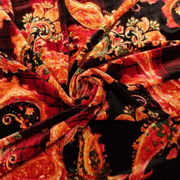 Tessuto Velluto elasticizzato a fantasia motivo floreale cashmere nero - rosso - ottanio - arancio