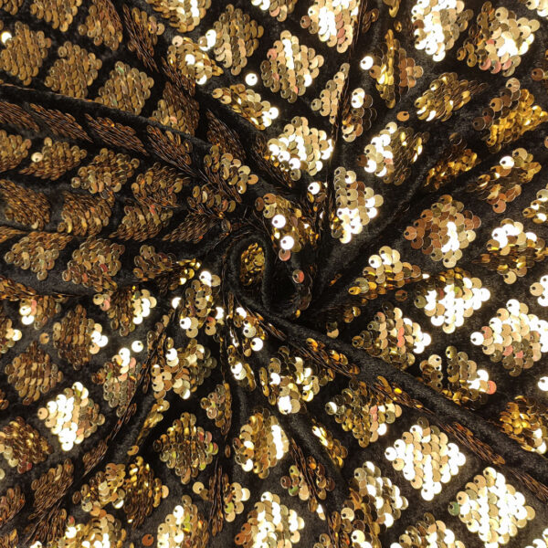 Tessuto Velluto ricamato con paillettes motivo geometrico oro - nero