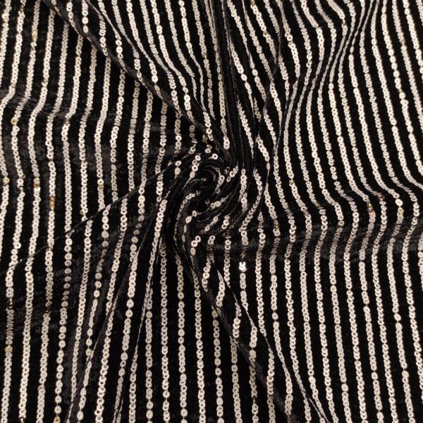 Tessuto Velluto ricamato con paillettes motivo rigato nero - bianco