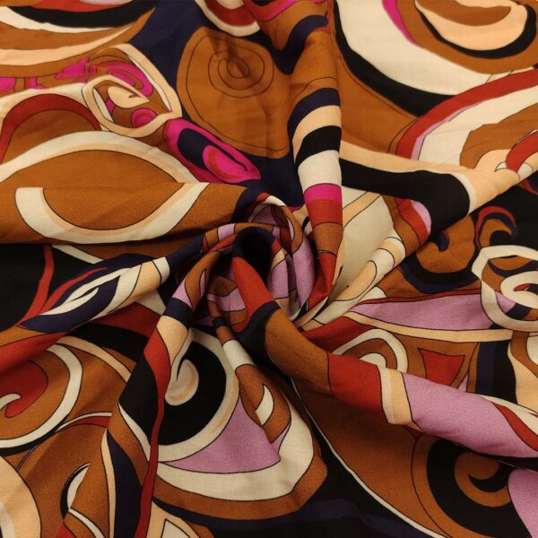 Tessuto Viscosa a fantasia motivo astratto tabacco - glicine - nero