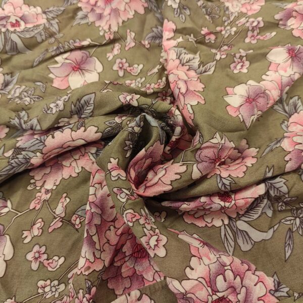Tessuto Viscosa a fantasia motivo floreale verde - rosa - lilla