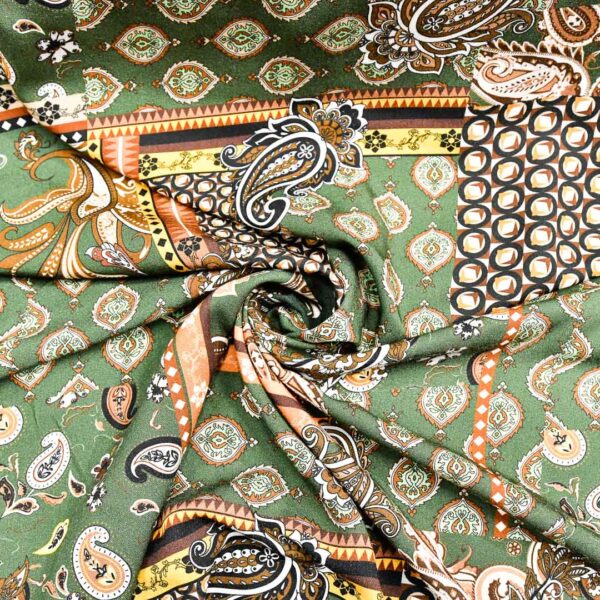 Tessuto Viscosa a fantasia motivo etnico verde militare - beige - nero